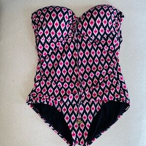 Tommy Bahama Bandeau Top One Piece Swim Suit Diamond Pattern Pink & Black 10